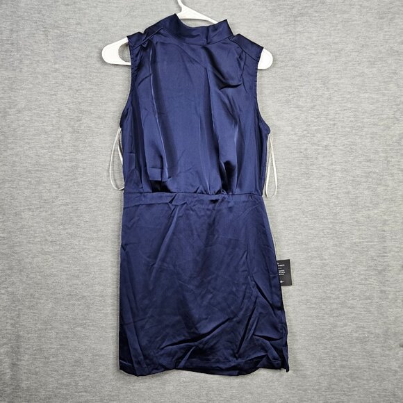 Lulu's Women's Classic Elegance Navy Satin Mock Neck Mini Dress Size M NEW - Picture 1 of 9